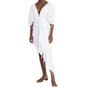 New just be queen LUMA DRESS white linen fringe NWT SZ S